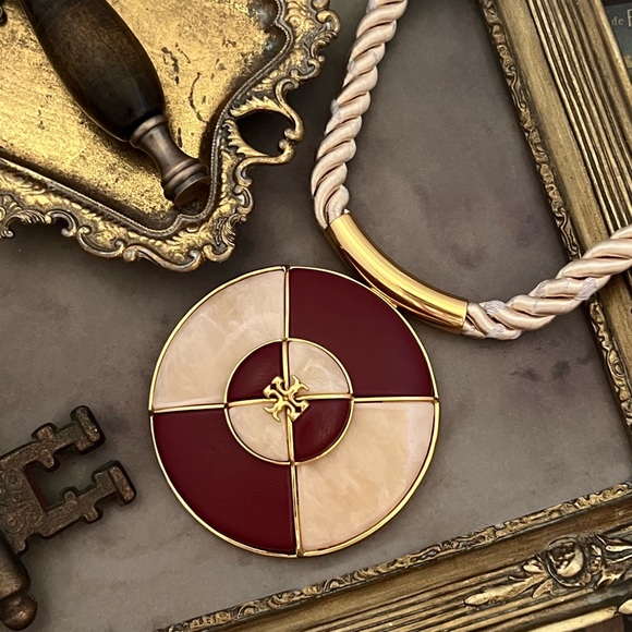 TORY BURCH • Burgundy Kira Ivory Leather Pendant Necklace - Picture 5 of 5